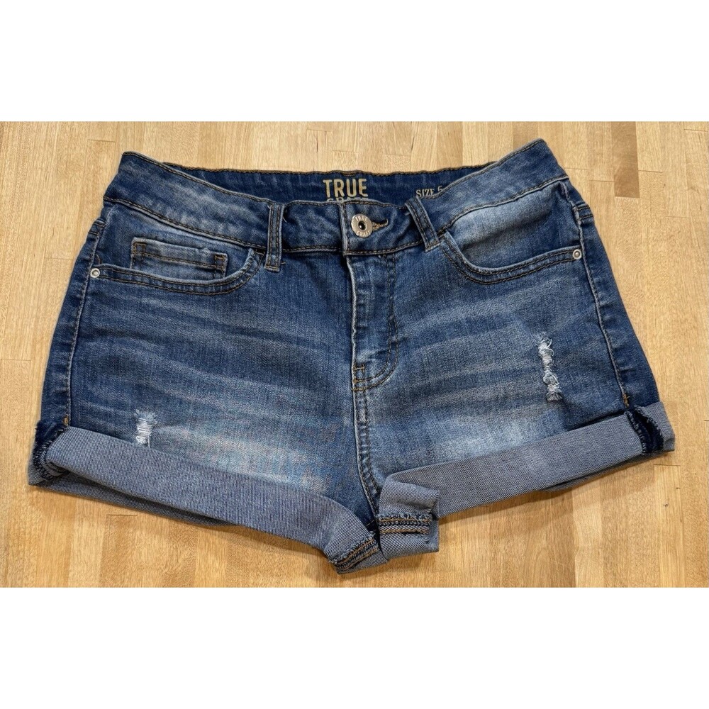 True Craft Womens Denim Shorts Size 5 Cuffed Cutoff Blue Jean Pockets Distressed